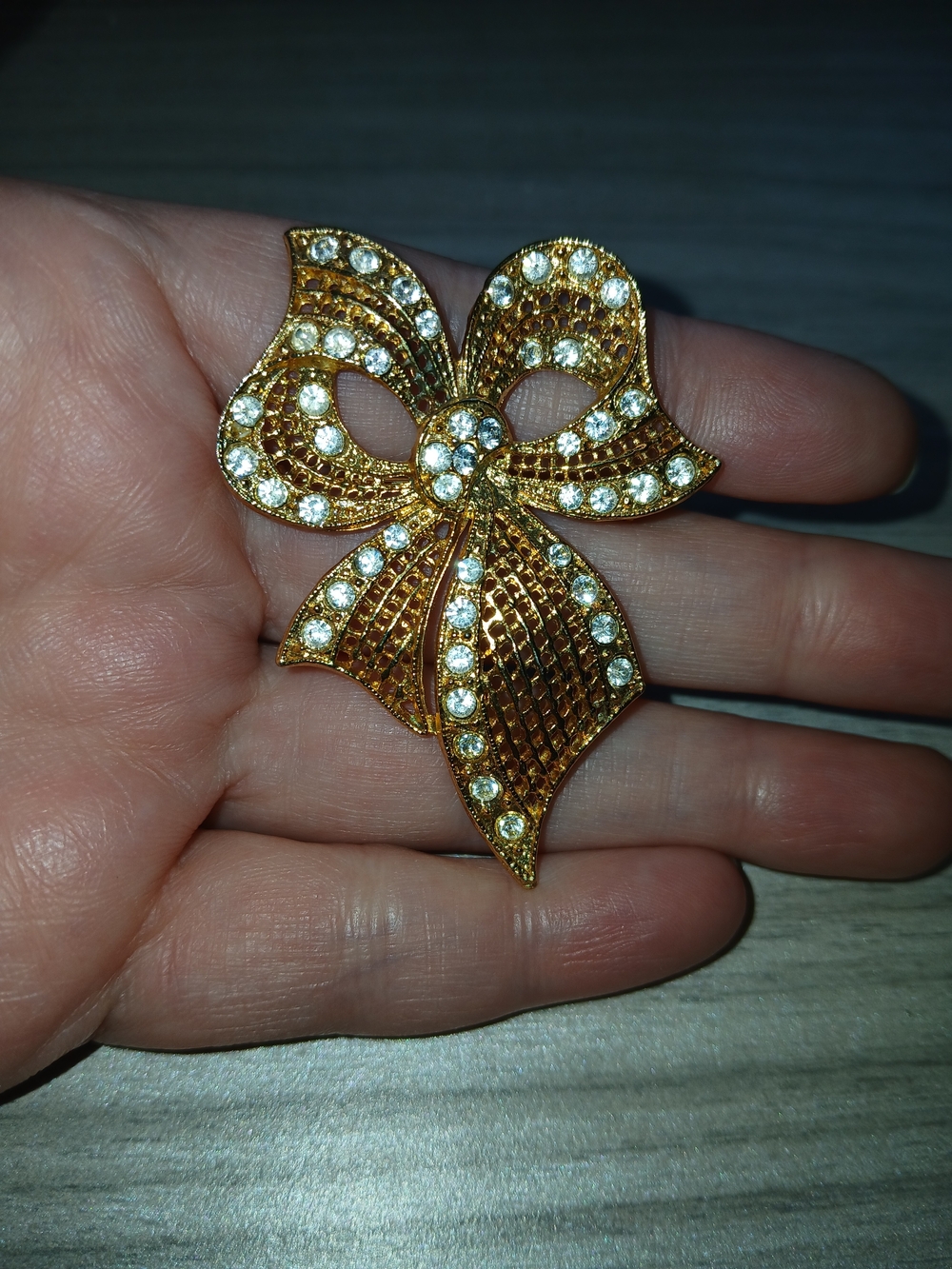 Estate Gold Bow Brooch with Clear Crystals